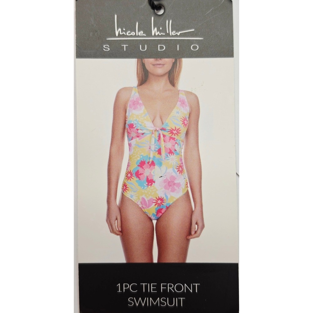 Nicole Miller Studio Womens XL  Swimsuit Tie Front Tropical Floral Yellow NWT